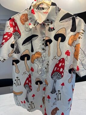 ROMWE Cream Button-Up Shirt with Red and Black Mushroom Print